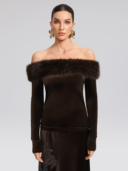 Faux-Fur Off-Shoulder Velvet Top