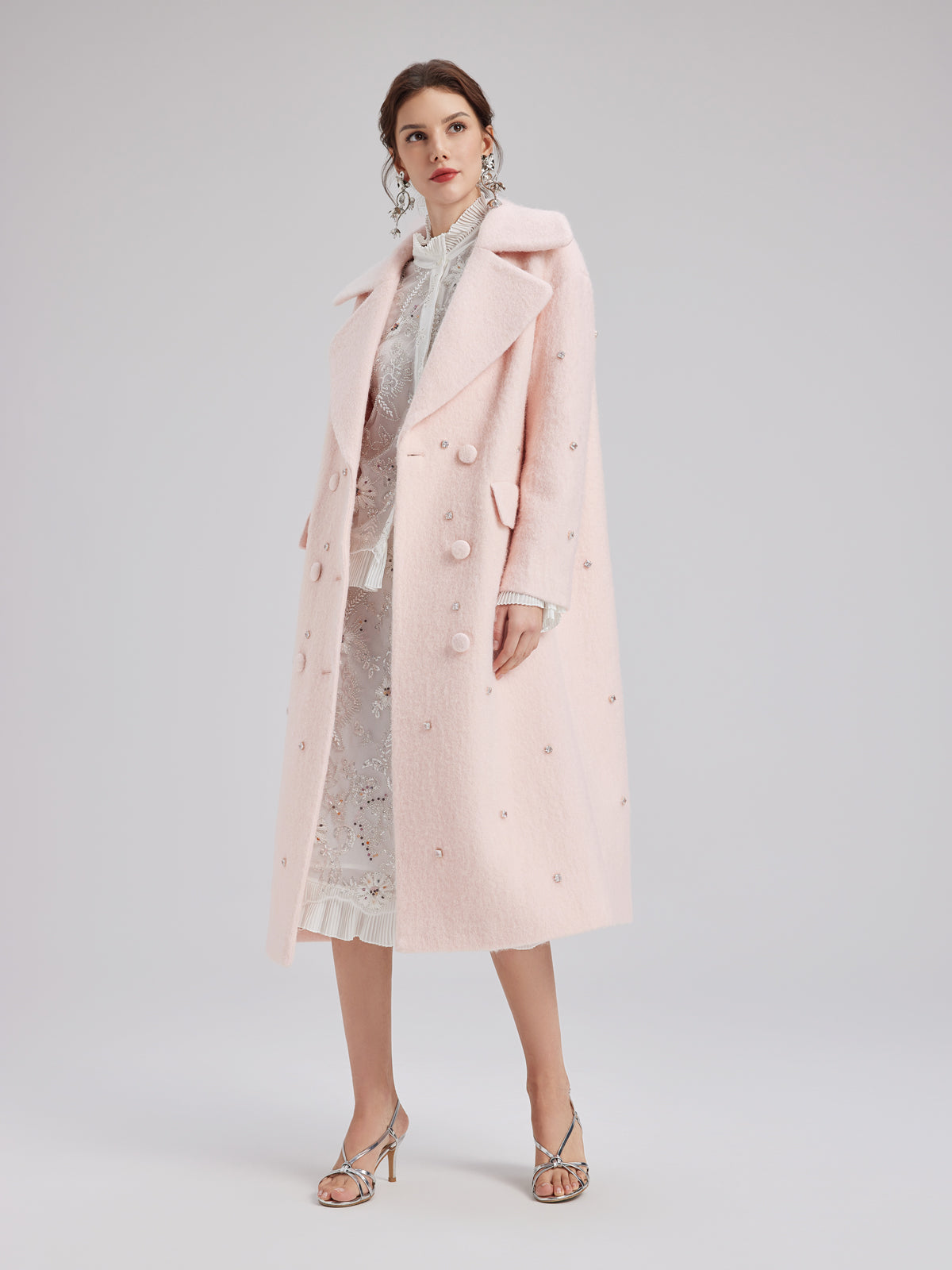 Minimalist Beaded Long Wool Coat