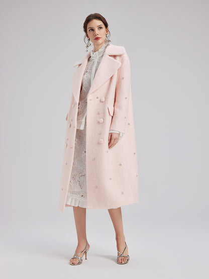 Minimalist Beaded Long Wool Coat