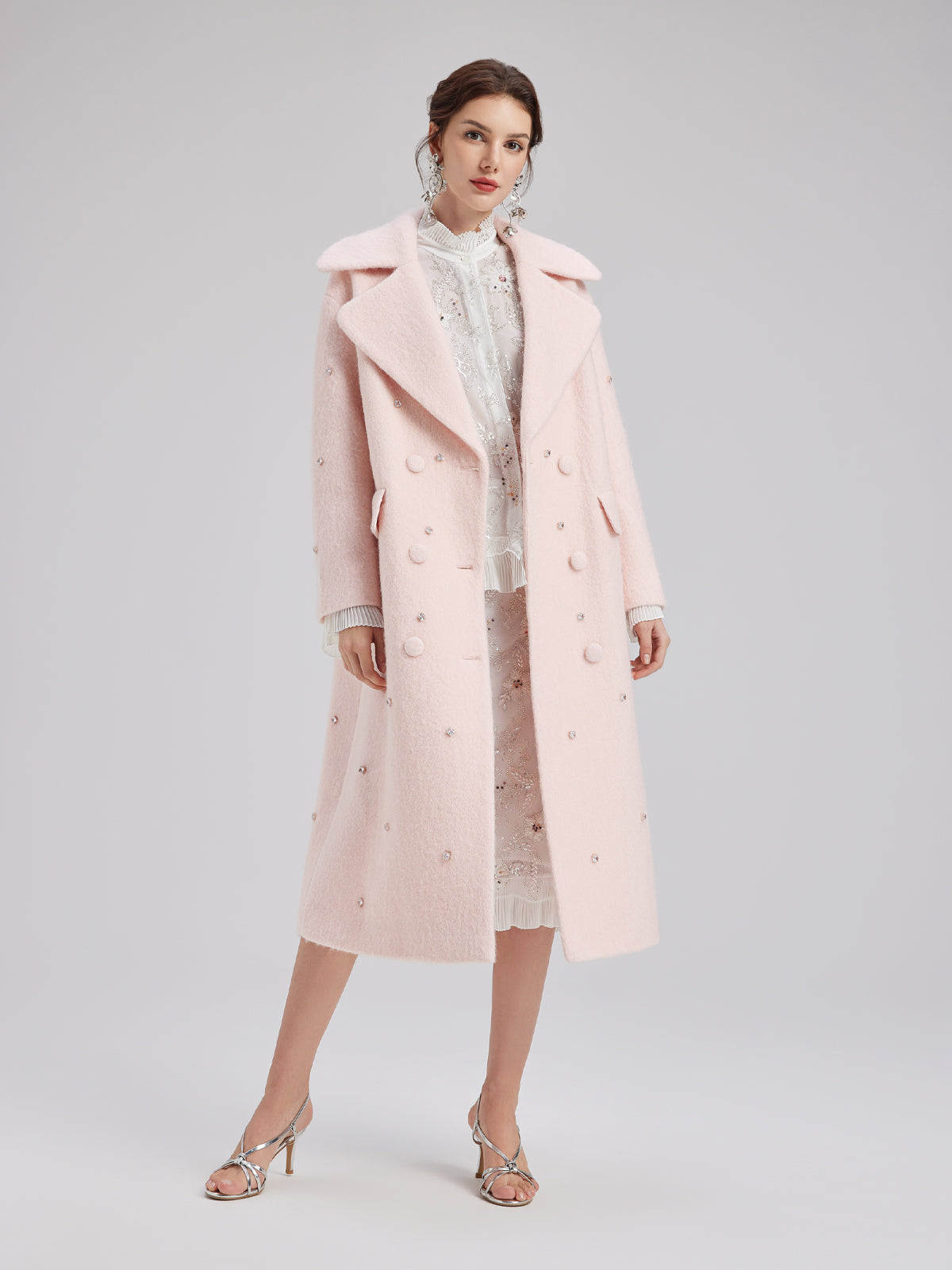 Minimalist Beaded Long Wool Coat