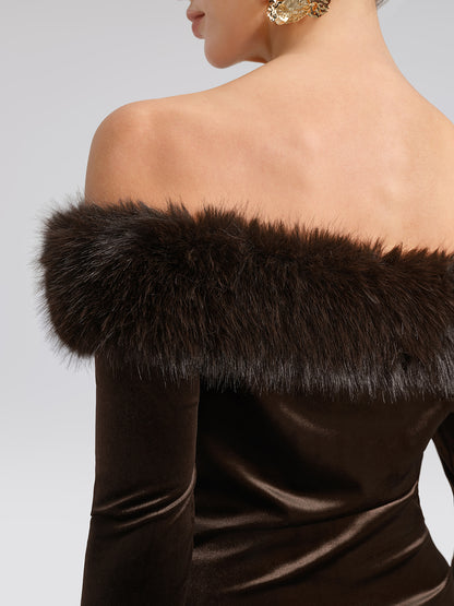 Faux-Fur Off-Shoulder Velvet Top