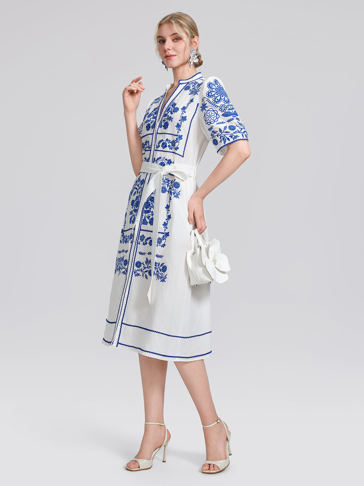 Linen Placement Embroidered Dress (Waist Tie Included)