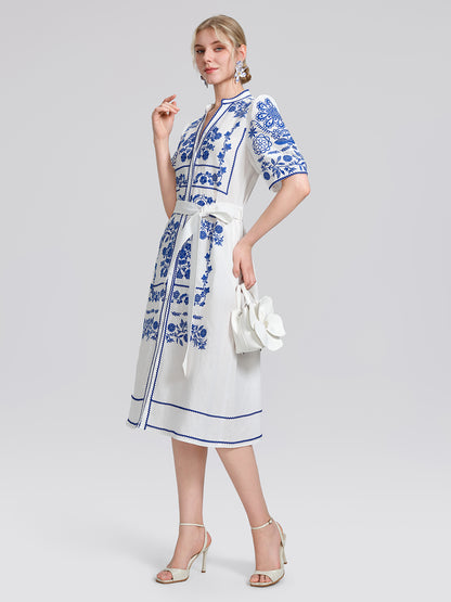 Linen Placement Embroidered Dress (Waist Tie Included)