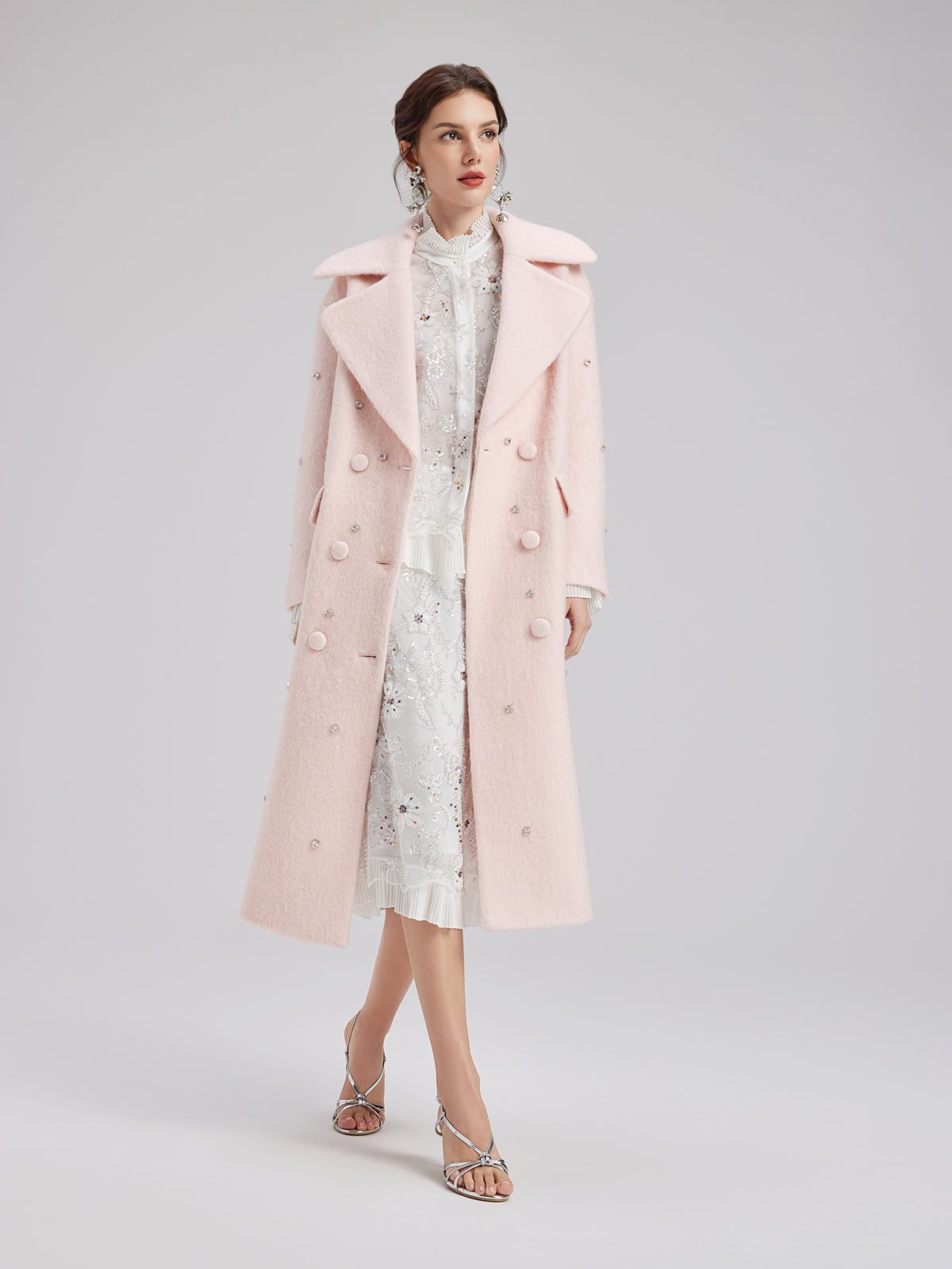 Minimalist Beaded Long Wool Coat