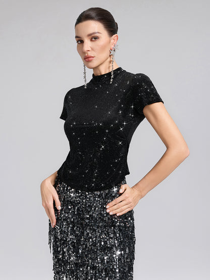 Rhinestoned Velvet Short-Sleeve Top