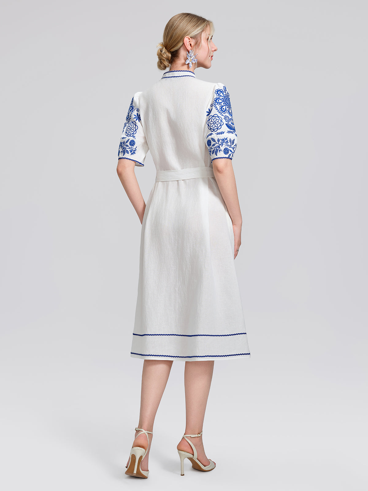 Linen Placement Embroidered Dress (Waist Tie Included)