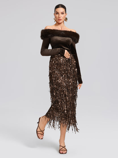 Faux-Fur Off-Shoulder Velvet Top