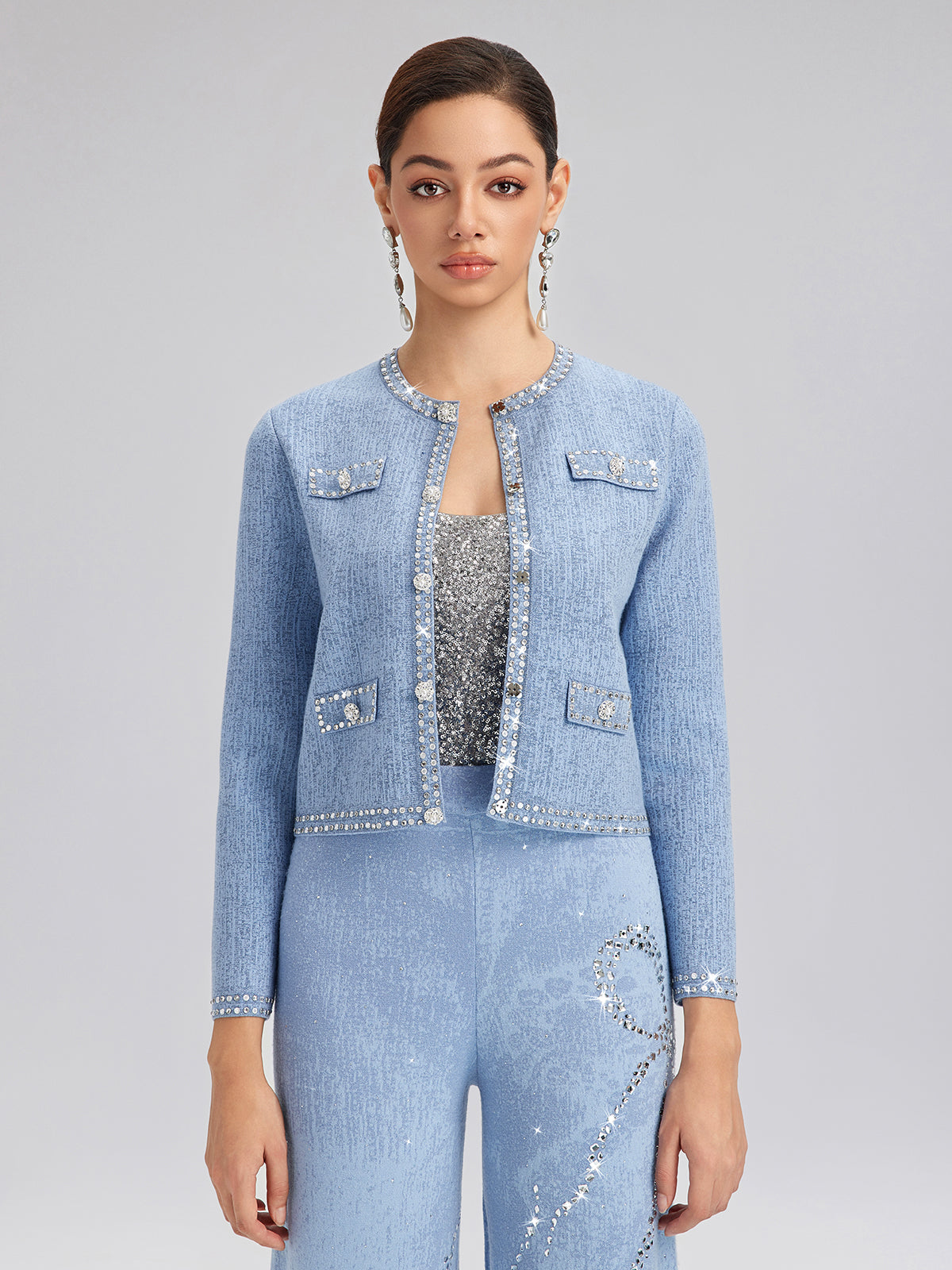 Wool Beaded Jacquard Knit Cardigan