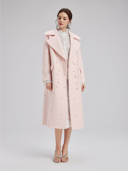 Minimalist Beaded Long Wool Coat