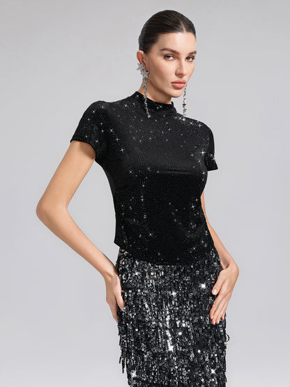 Rhinestoned Velvet Short-Sleeve Top