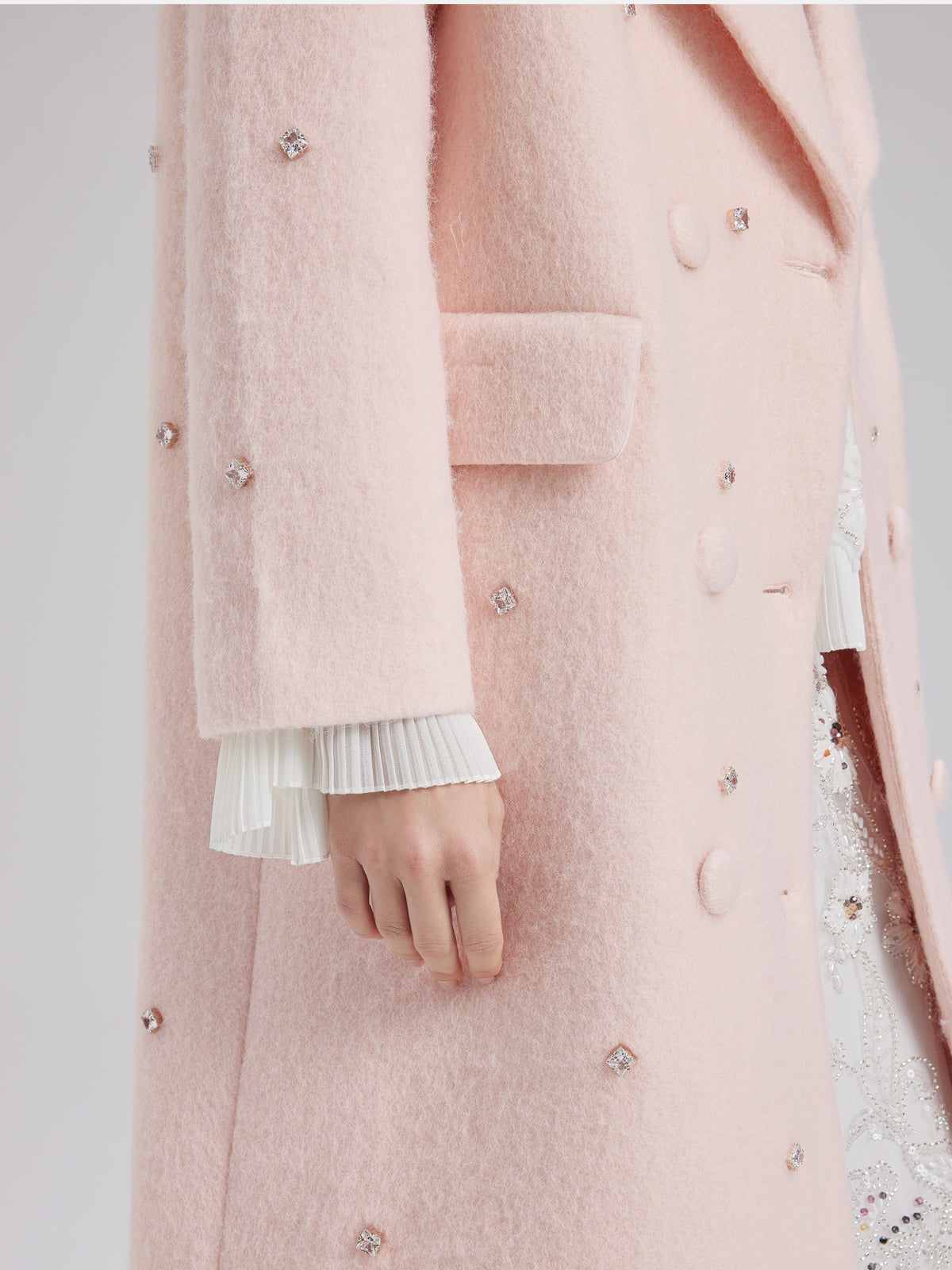 Minimalist Beaded Long Wool Coat