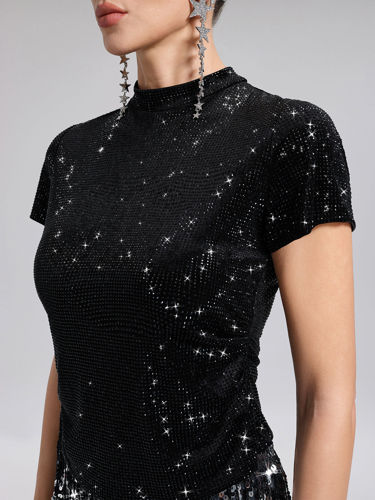 Rhinestoned Velvet Short-Sleeve Top