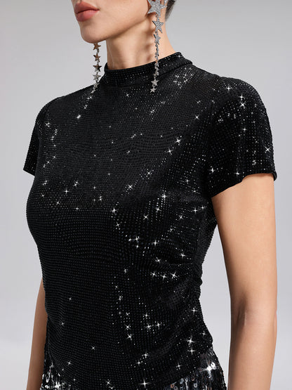 Rhinestoned Velvet Short-Sleeve Top