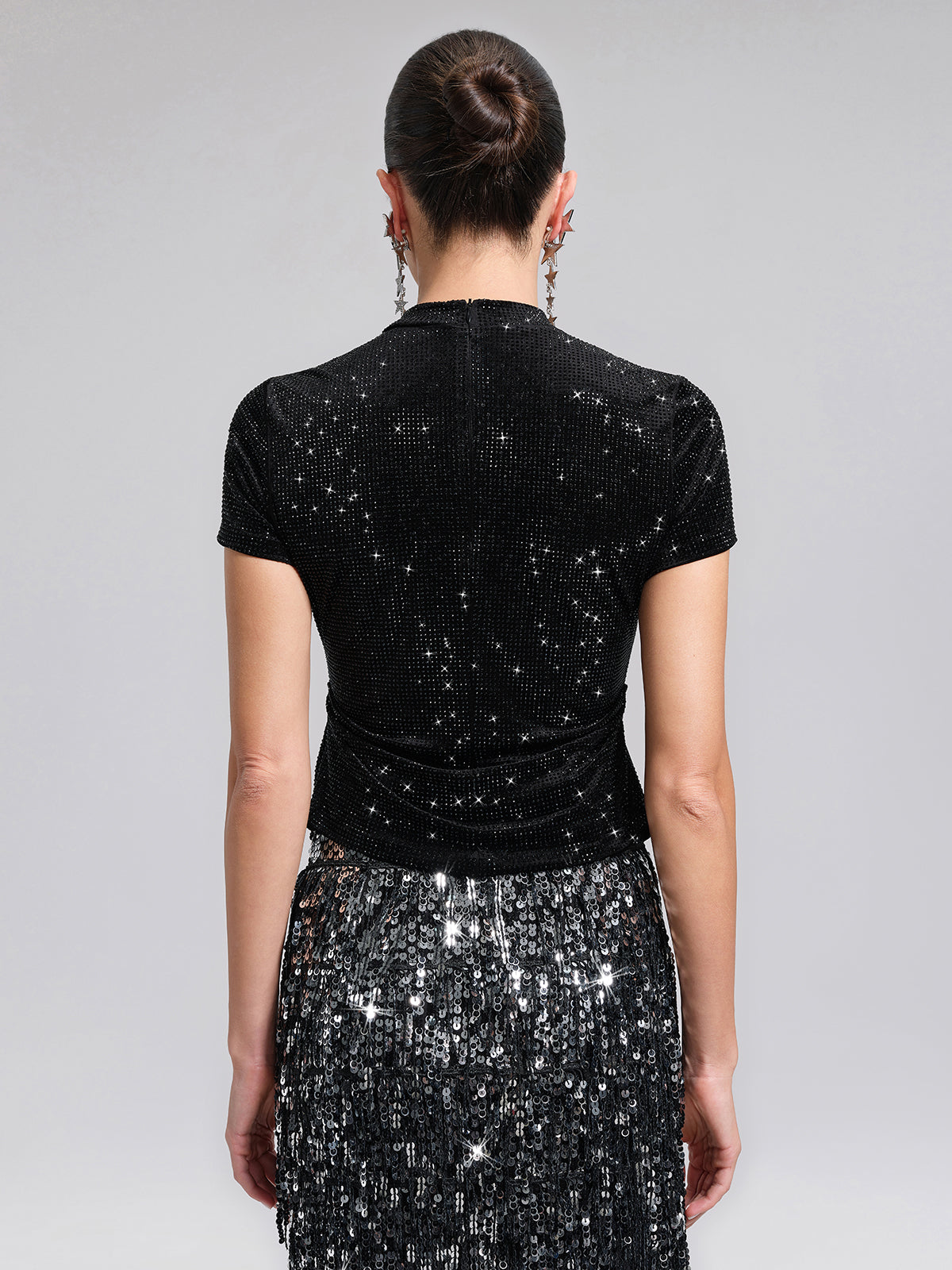 Rhinestoned Velvet Short-Sleeve Top