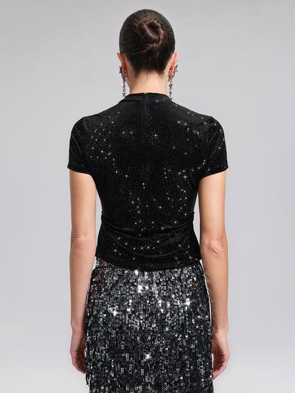 Rhinestoned Velvet Short-Sleeve Top