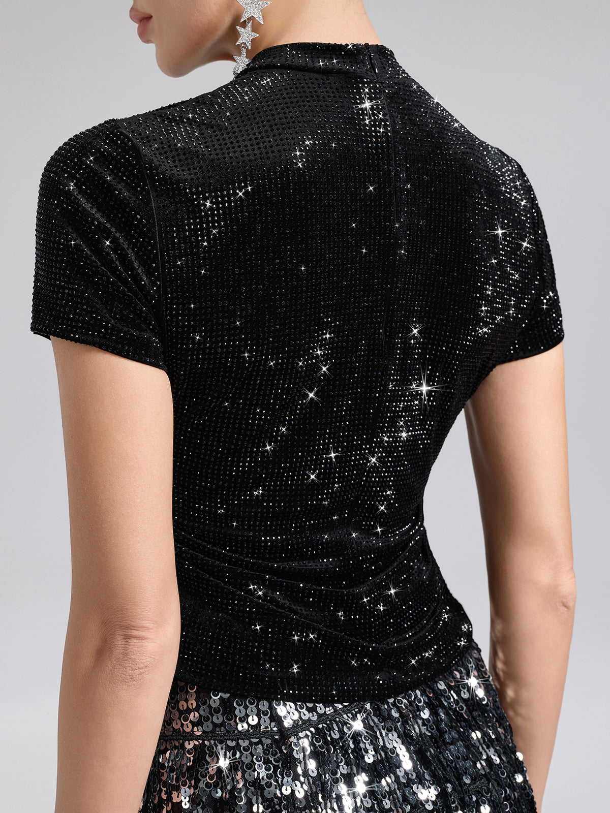 Rhinestoned Velvet Short-Sleeve Top