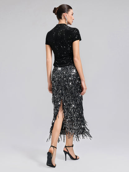 Rhinestoned Velvet Short-Sleeve Top