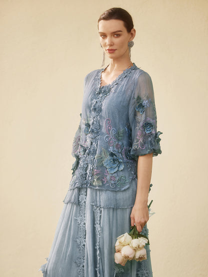 Handcrafted 3D Floral Silk Top