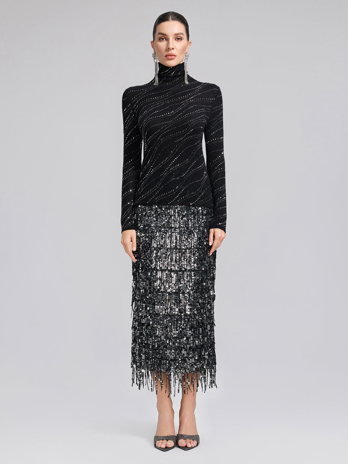 Crystal-Embellished Stretch Wool Turtleneck Top