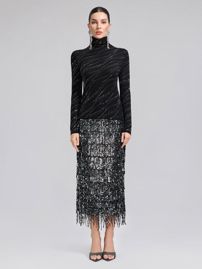 Crystal-Embellished Stretch Wool Turtleneck Top