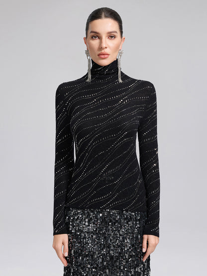 Crystal-Embellished Stretch Wool Turtleneck Top