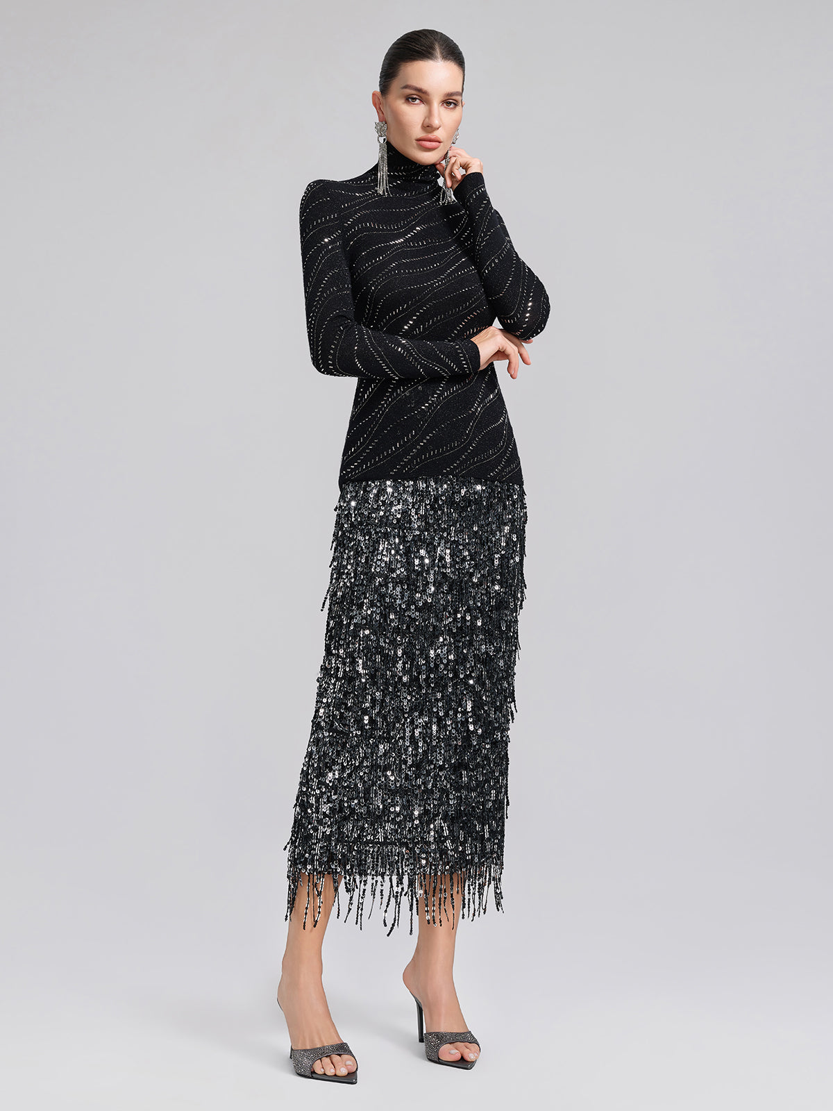 Crystal-Embellished Stretch Wool Turtleneck Top