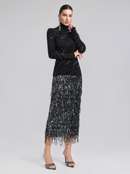 Crystal-Embellished Stretch Wool Turtleneck Top