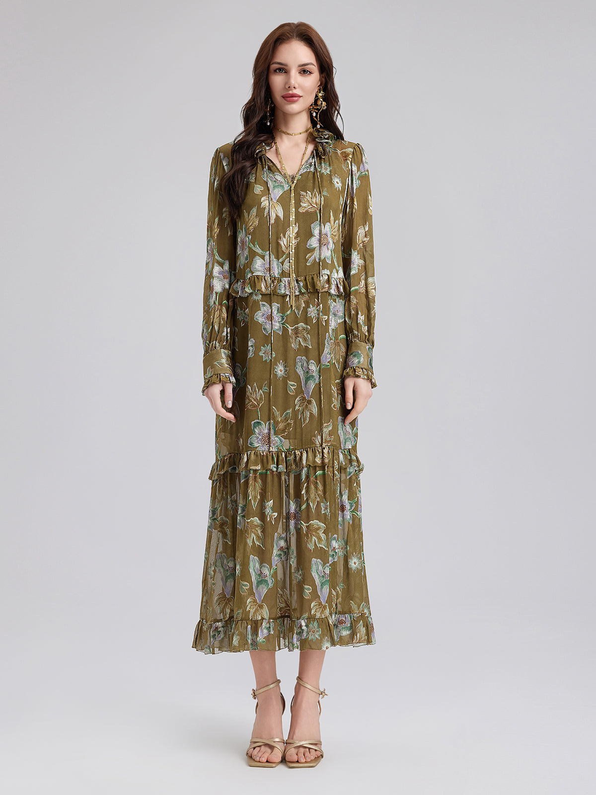 Silk Jacquard Hand-Painted Floral Dress