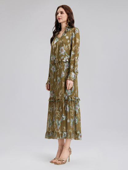 Silk Jacquard Hand-Painted Floral Dress