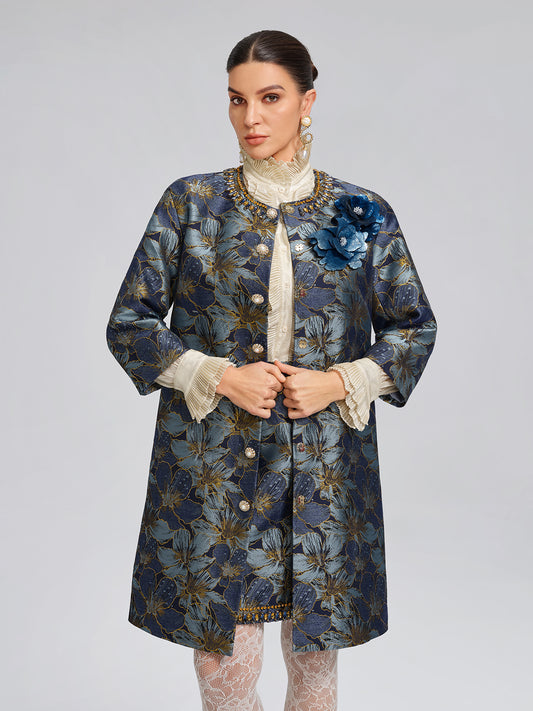 Hand-Sewn Crystal Floral Jacquard Jacket