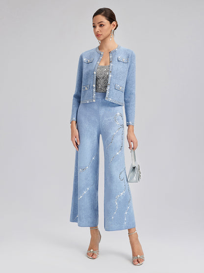 Wool Beaded Jacquard Knit Cardigan