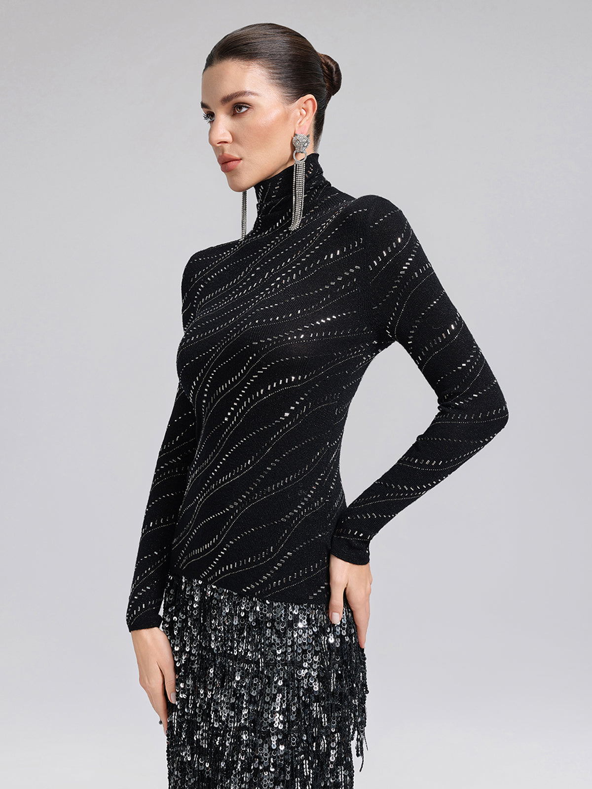 Crystal-Embellished Stretch Wool Turtleneck Top