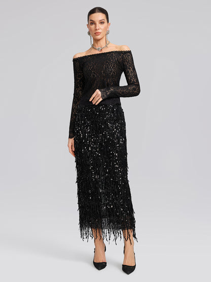 Sequin Lace Off-Shoulder Feather-Trim Top