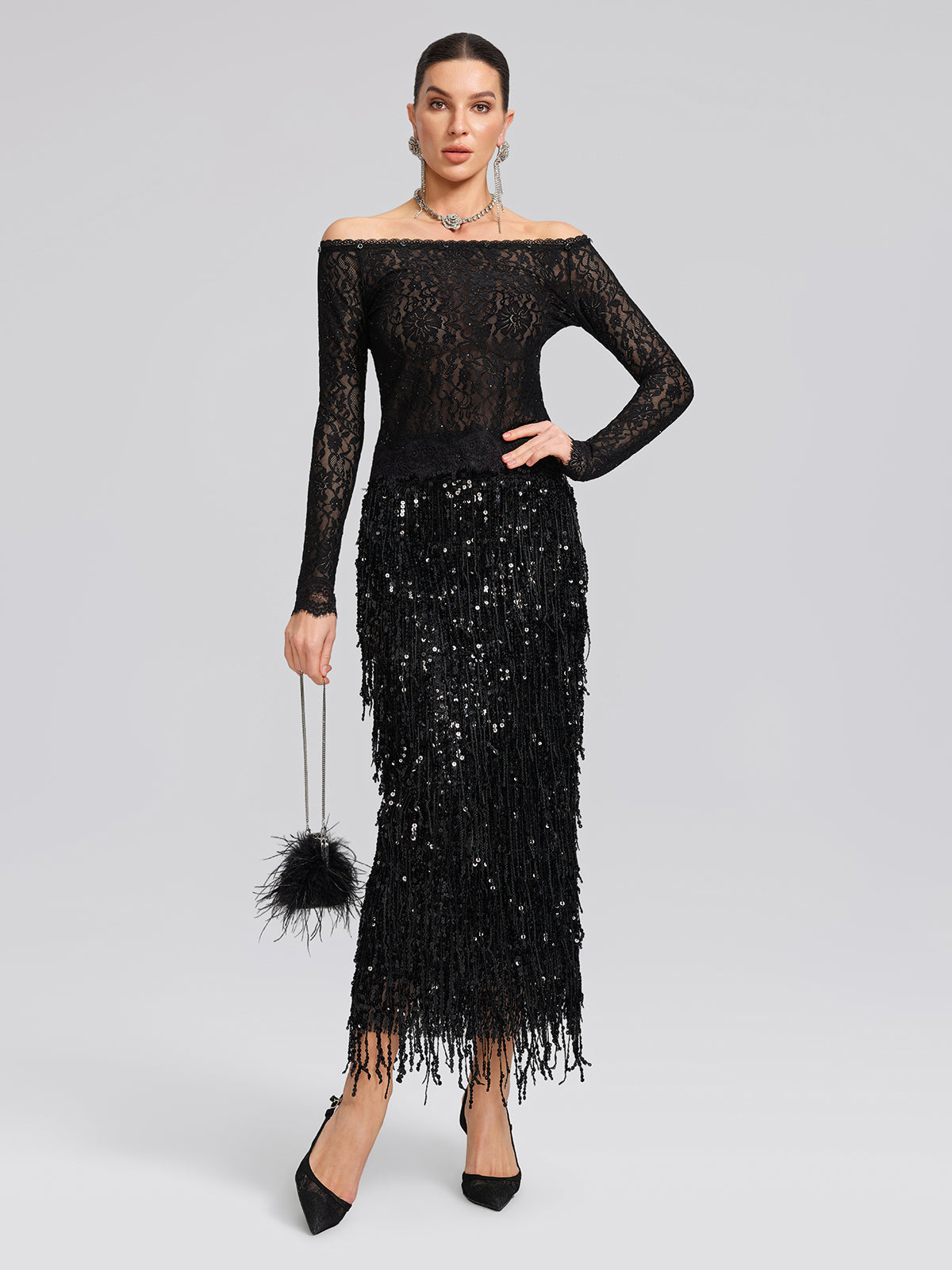 Sequin Lace Off-Shoulder Feather-Trim Top