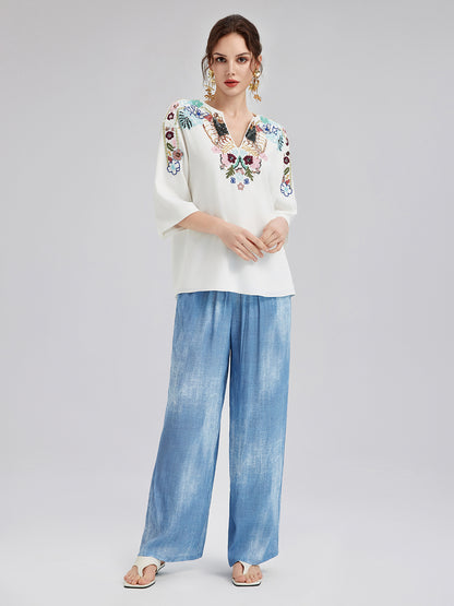 Gradient-Dyed Printed Denim Pants