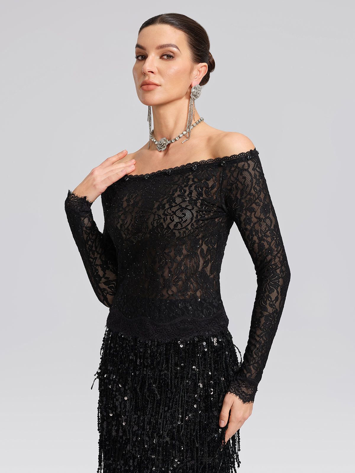 Sequin Lace Off-Shoulder Feather-Trim Top