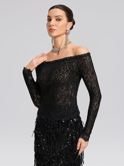 Sequin Lace Off-Shoulder Feather-Trim Top