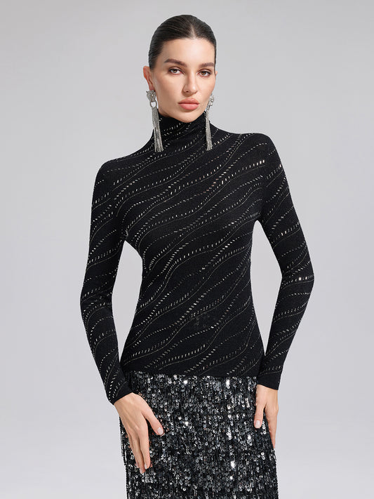 Crystal-Embellished Stretch Wool Turtleneck Top