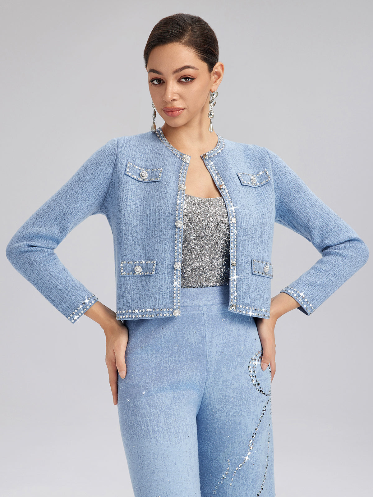 Wool Beaded Jacquard Knit Cardigan