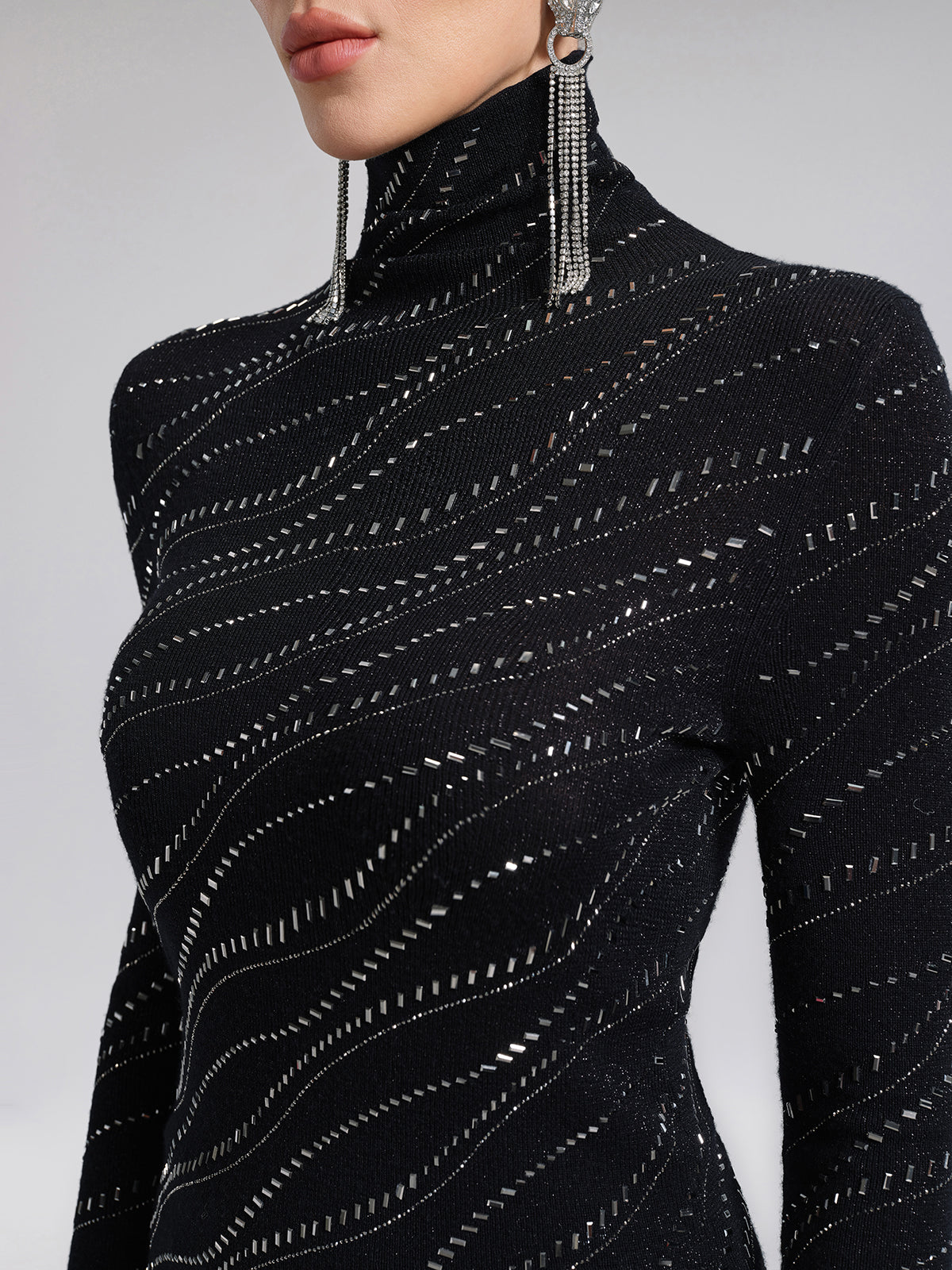 Crystal-Embellished Stretch Wool Turtleneck Top