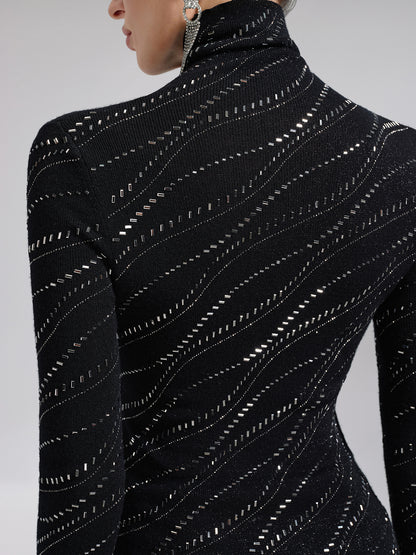 Crystal-Embellished Stretch Wool Turtleneck Top