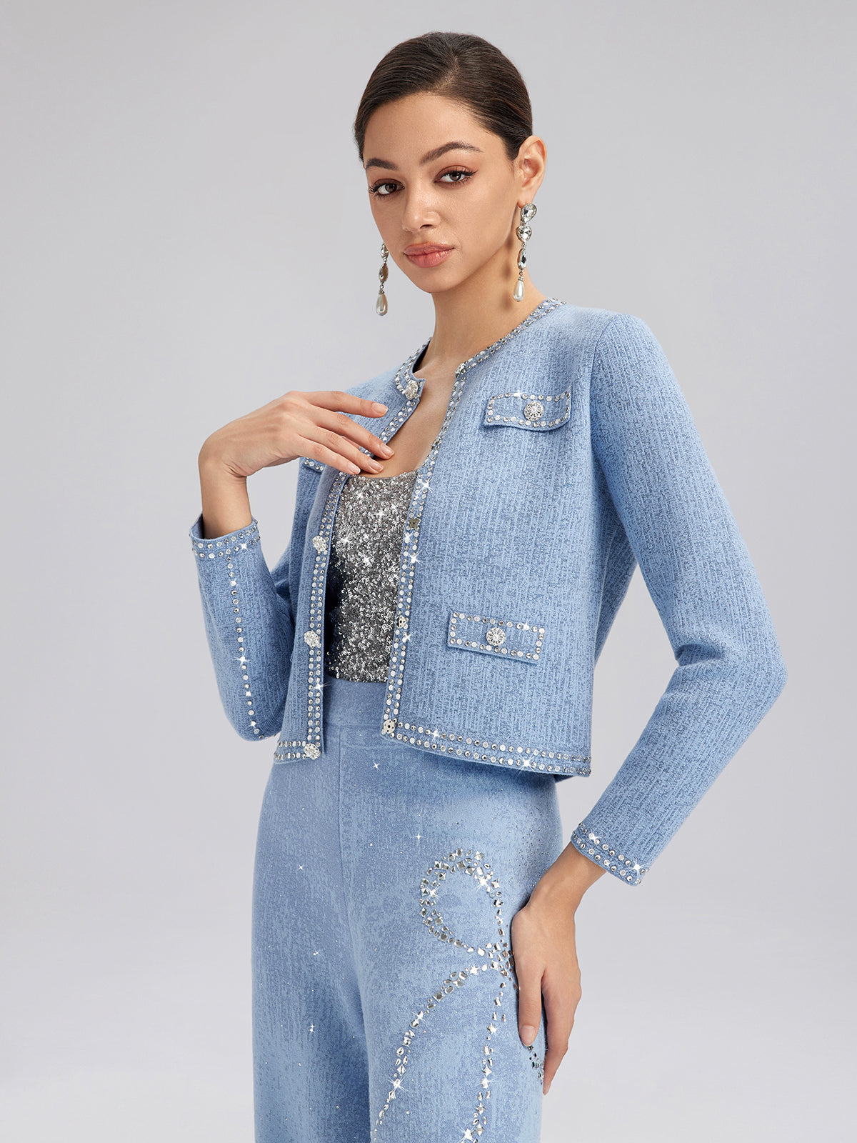 Wool Beaded Jacquard Knit Cardigan