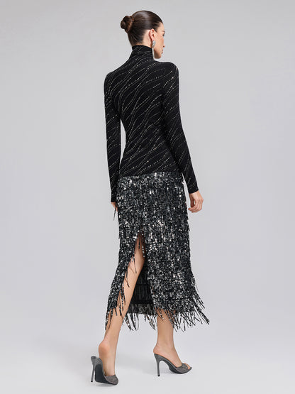 Crystal-Embellished Stretch Wool Turtleneck Top