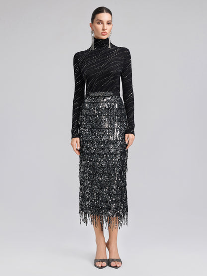 Crystal-Embellished Stretch Wool Turtleneck Top