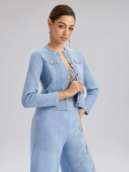 Wool Beaded Jacquard Knit Cardigan