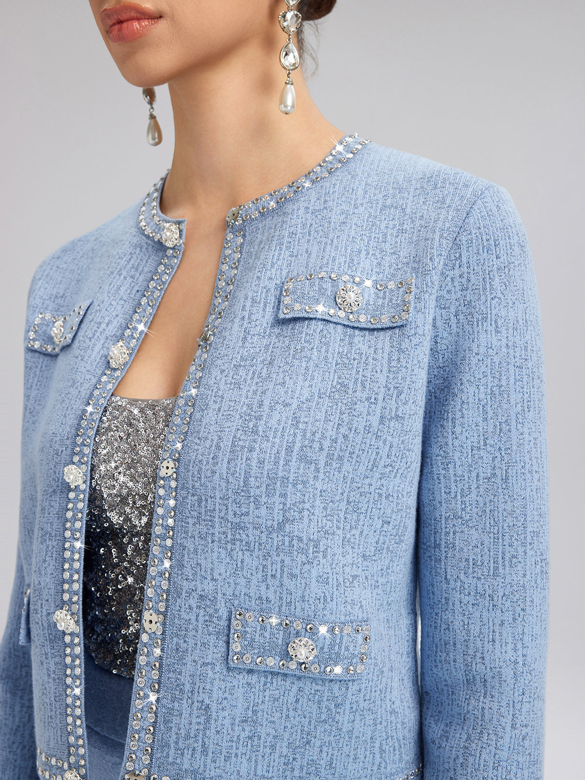 Wool Beaded Jacquard Knit Cardigan