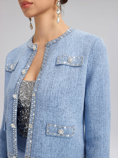 Wool Beaded Jacquard Knit Cardigan