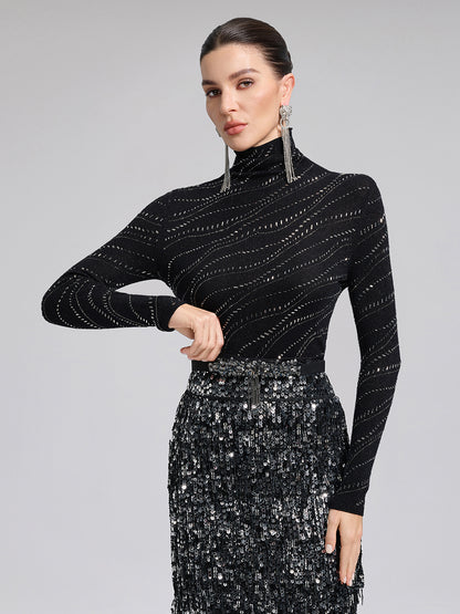 Crystal-Embellished Stretch Wool Turtleneck Top