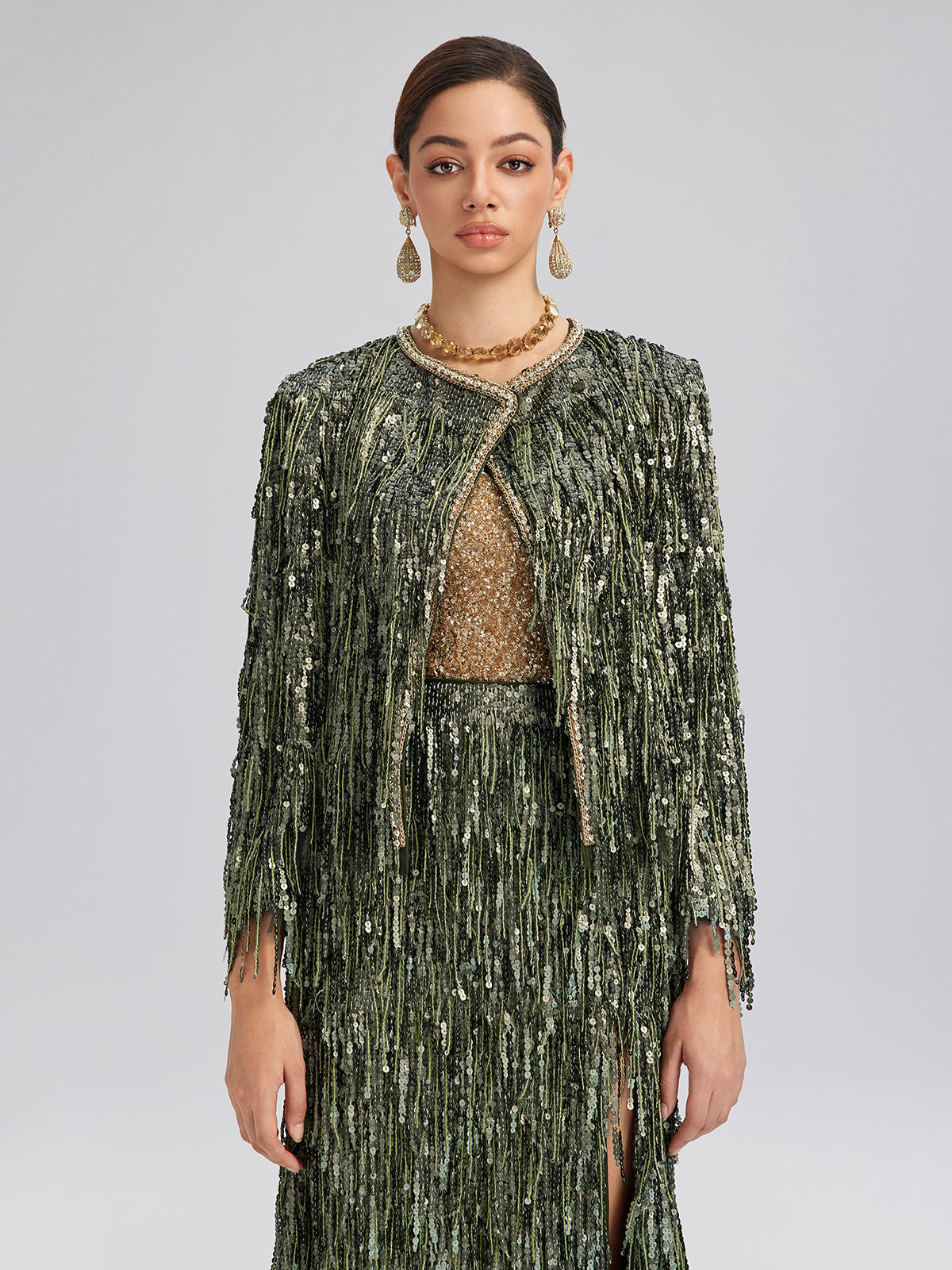 Handcrafted Sequin Fringe Crystal Trim Jacket