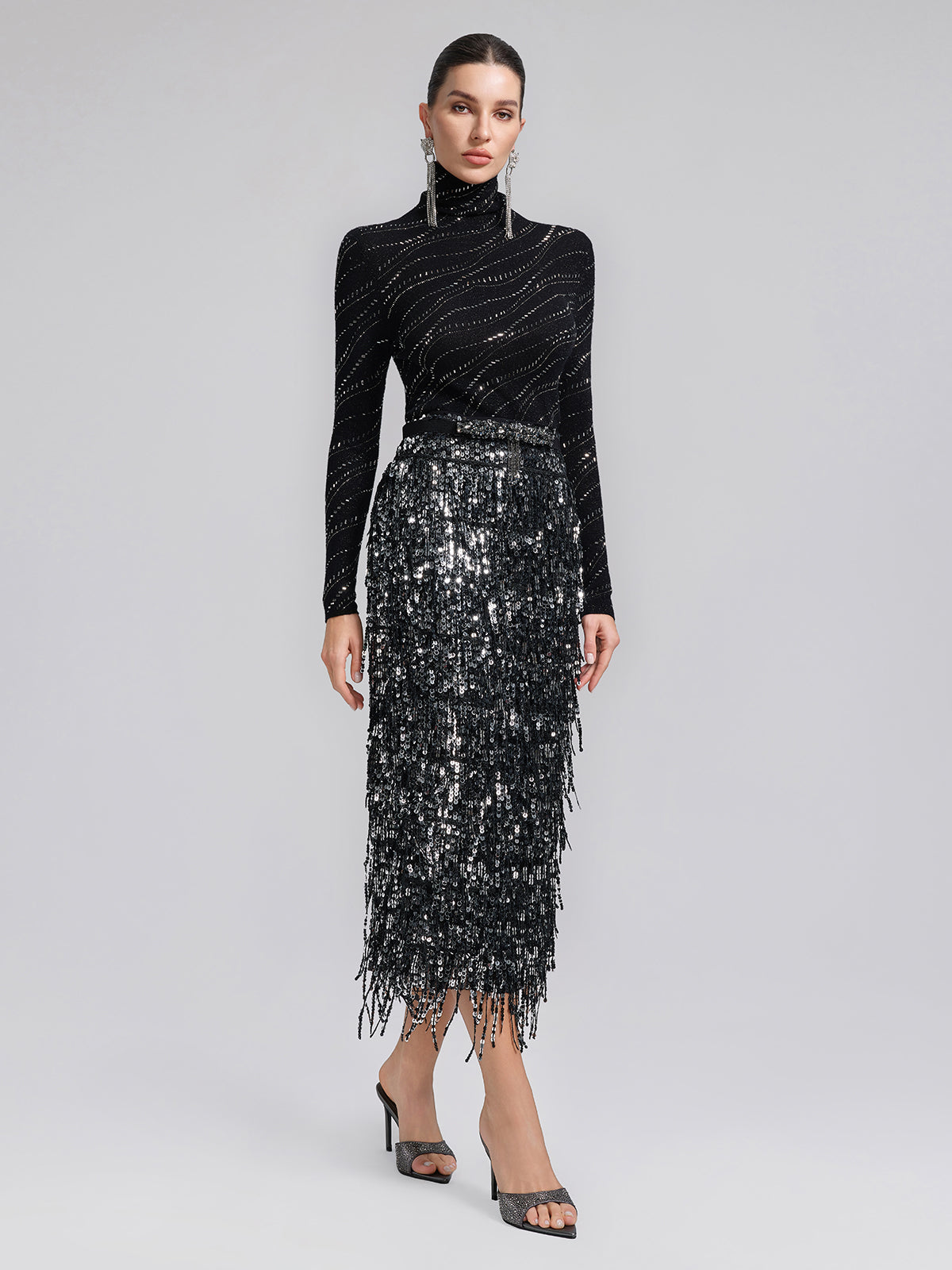 Tassel Sequin Midi Skirt